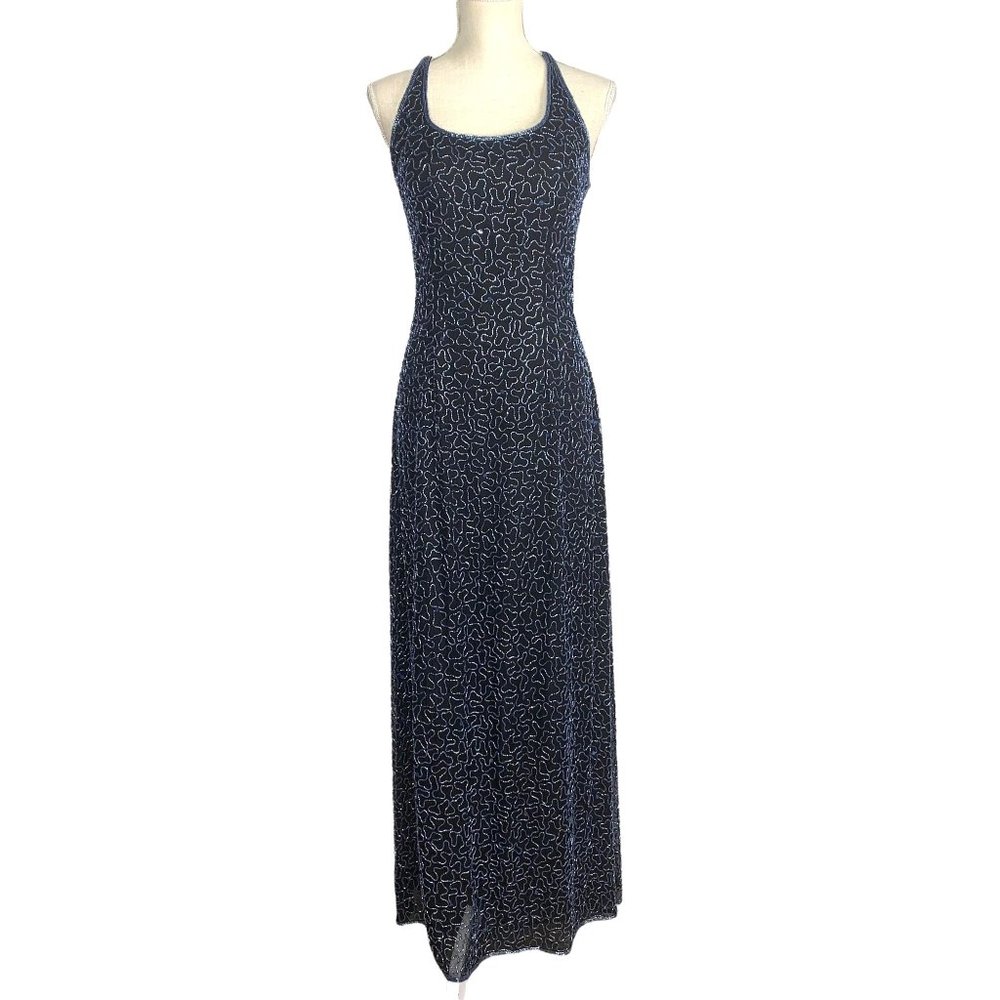Vintage 90s Silk Beaded Formal Criss Cross Back Full Length Dress Medium
